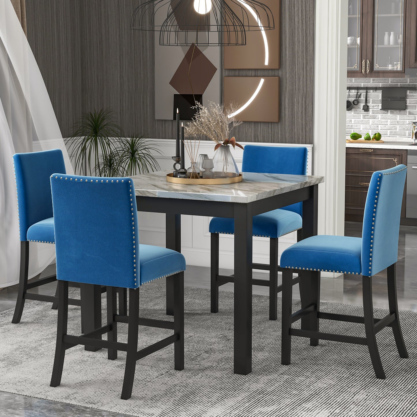 5-piece Counter Height Dining Table Set with One Faux Marble Dining Table and Four Upholstered-Seat Chairs, Table top: 40in.L x40in.W, for Kitchen and Living room Furniture,Blue