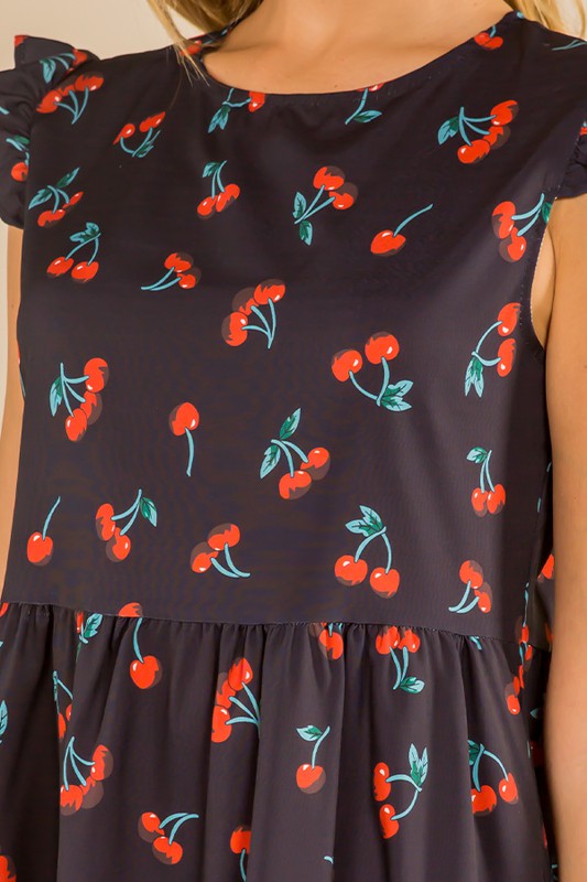 CHERRY PRINT FLYING SLEEVE RUFFLE DRESS