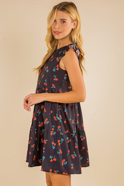 CHERRY PRINT FLYING SLEEVE RUFFLE DRESS