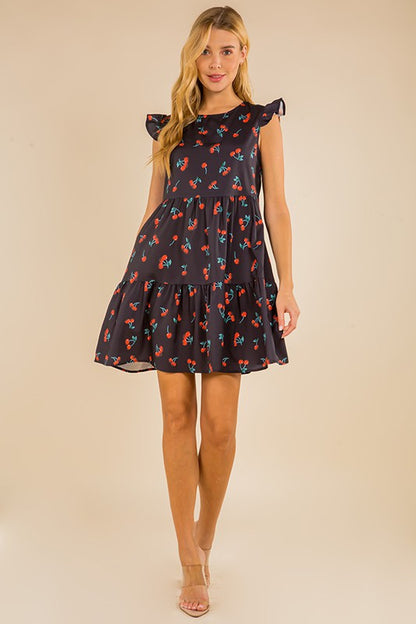 CHERRY PRINT FLYING SLEEVE RUFFLE DRESS