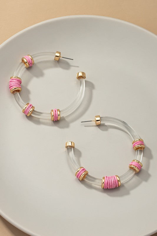 lucite hoop earrings with cords wrapped