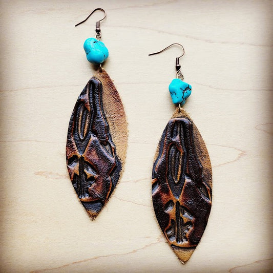 Leather Oval Earrings Tan Steer Turquoise Accent