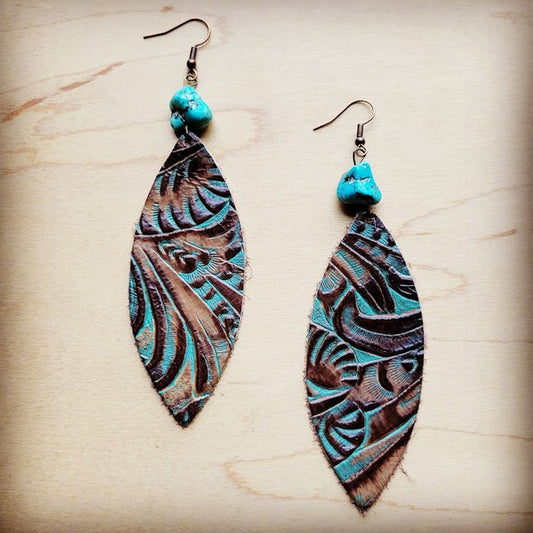 Oval Earrings in Brown Floral w/ Turquoise Accent