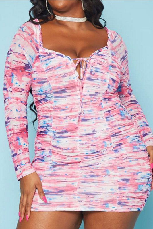 Plus Size Dreamy Tie Dye Ruched Mini Dress