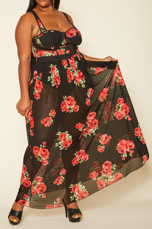 Plus Size Rose Print Sheer Maxi Dress