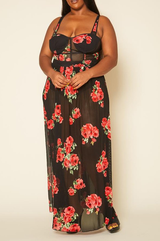 Plus Size Rose Print Sheer Maxi Dress