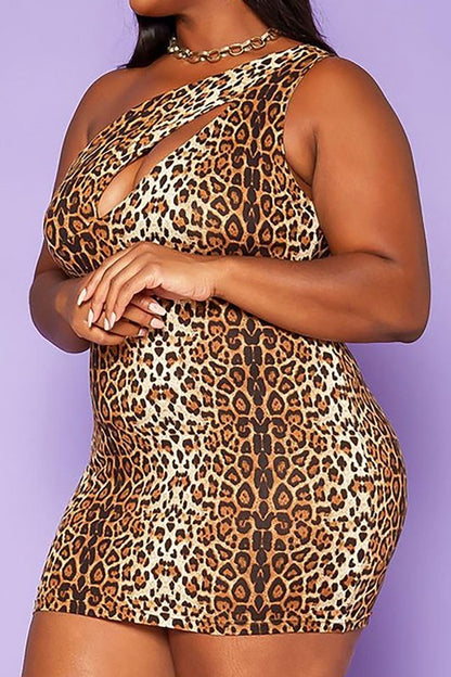 Plus Size Leopard Print One Sleeve Mini Dress