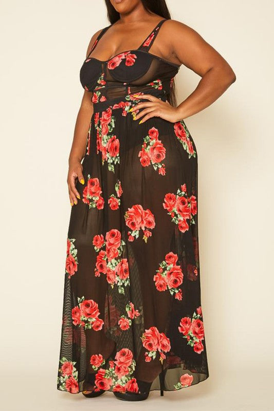 Plus Size Rose Print Sheer Maxi Dress