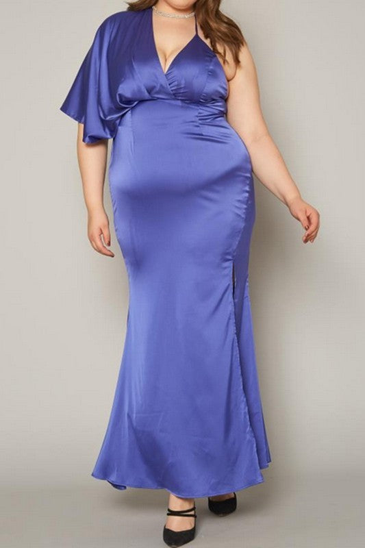 Plus Size One Sleeve Satin Maxi Dress