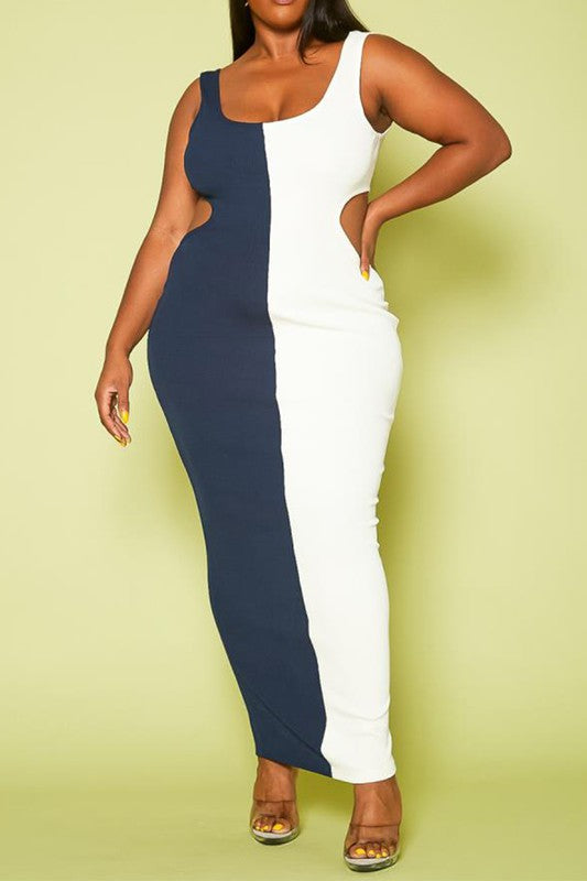 Plus Size Ribbed Two-Tone Color Cut Out Maxi Dress