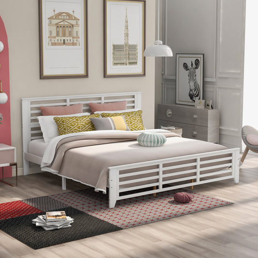 Platform bed with horizontal strip hollow shape, King size, white （New）