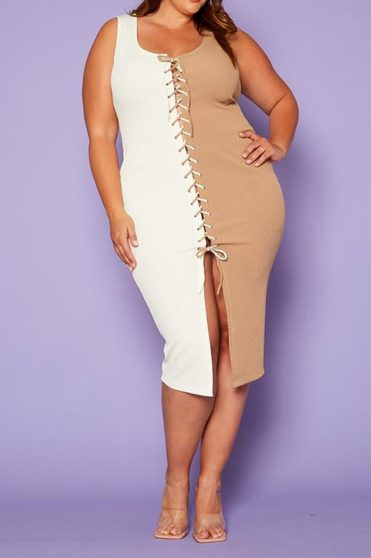 Plus Size Ribbed Two Tone Lace Up Midi Dress