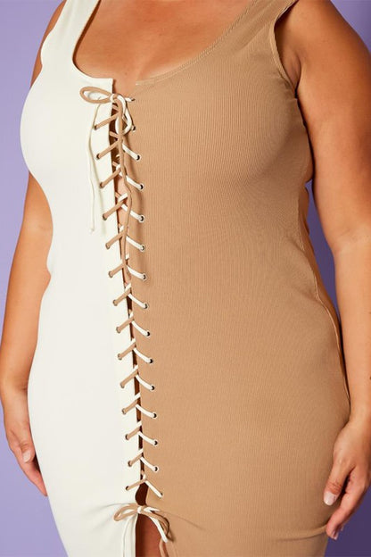 Plus Size Ribbed Two Tone Lace Up Midi Dress