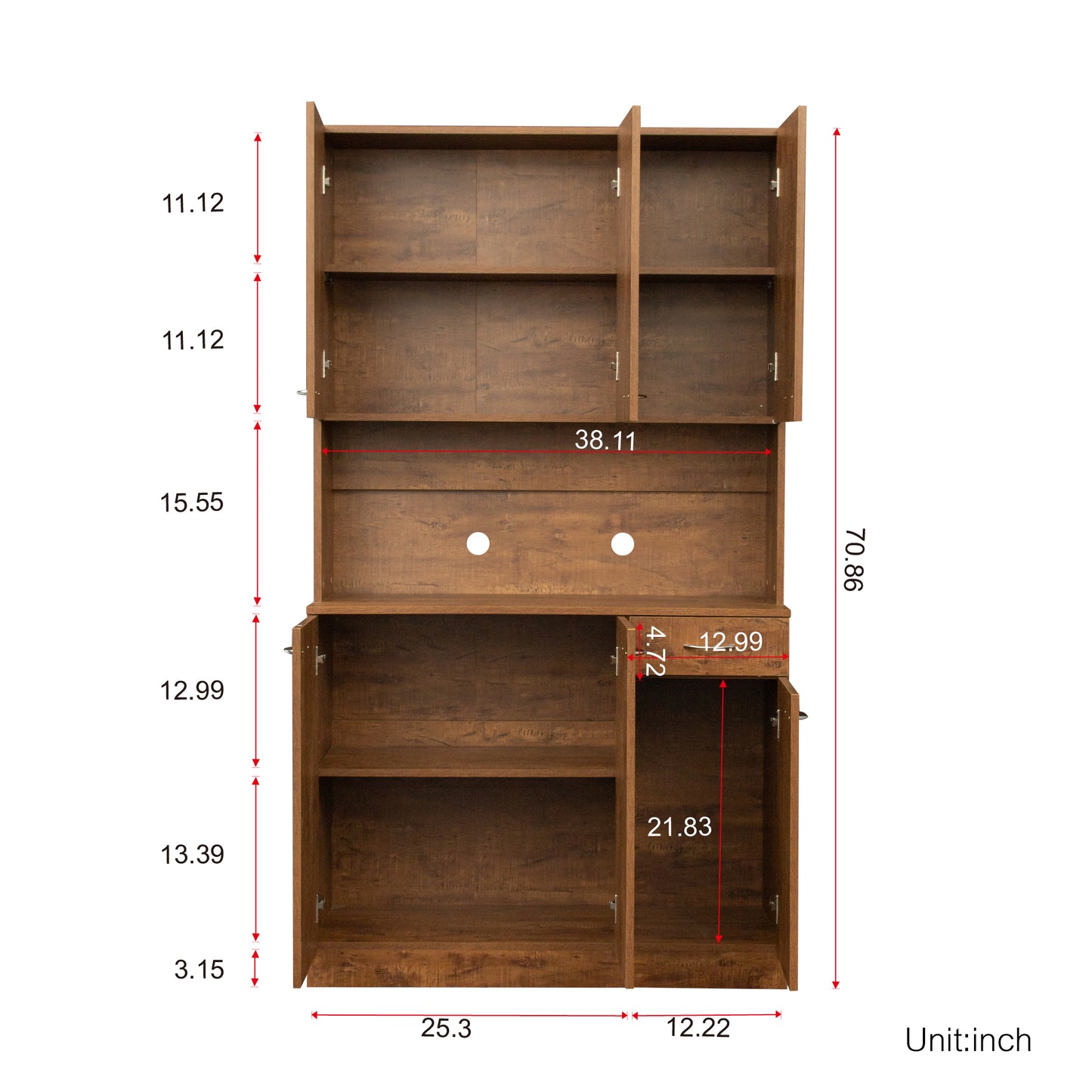 70.87" Tall Wardrobe& Kitchen Cabinet, with 6-Doors, 1-Open Shelves and 1-Drawer for bedroom,Walnut