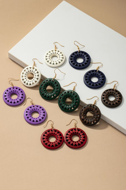 NEW COLORS Cutout wood circle drop earrings