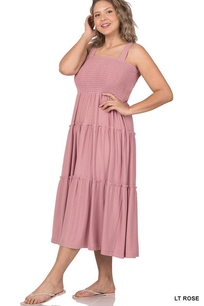 PLUS SMOCKED TIERED MIDI DRESS