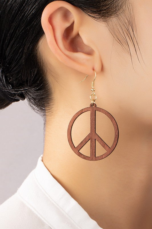 Cutout wood peace sign drop earrings