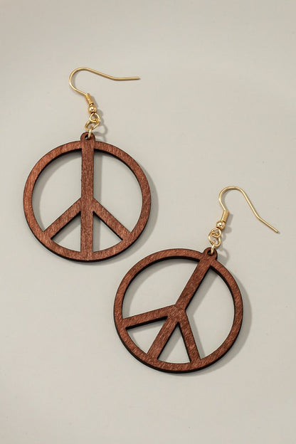 Cutout wood peace sign drop earrings