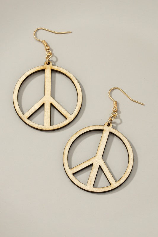 Cutout wood peace sign drop earrings