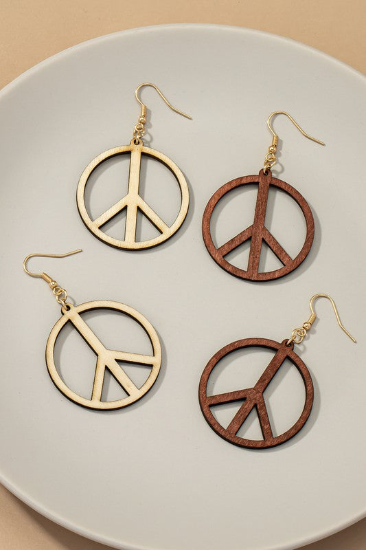 Cutout wood peace sign drop earrings