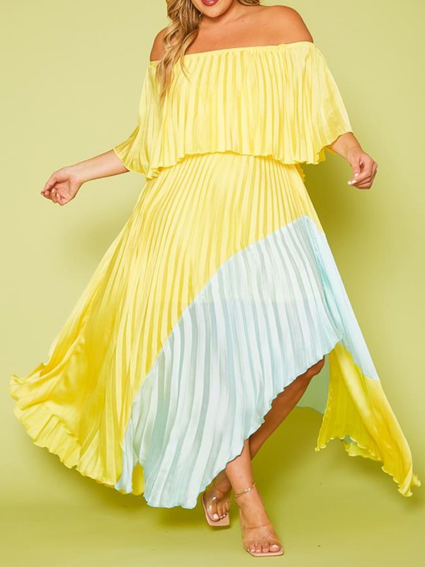 Plus Size Two Tone Pleated Asymmetrical Maxi Dress