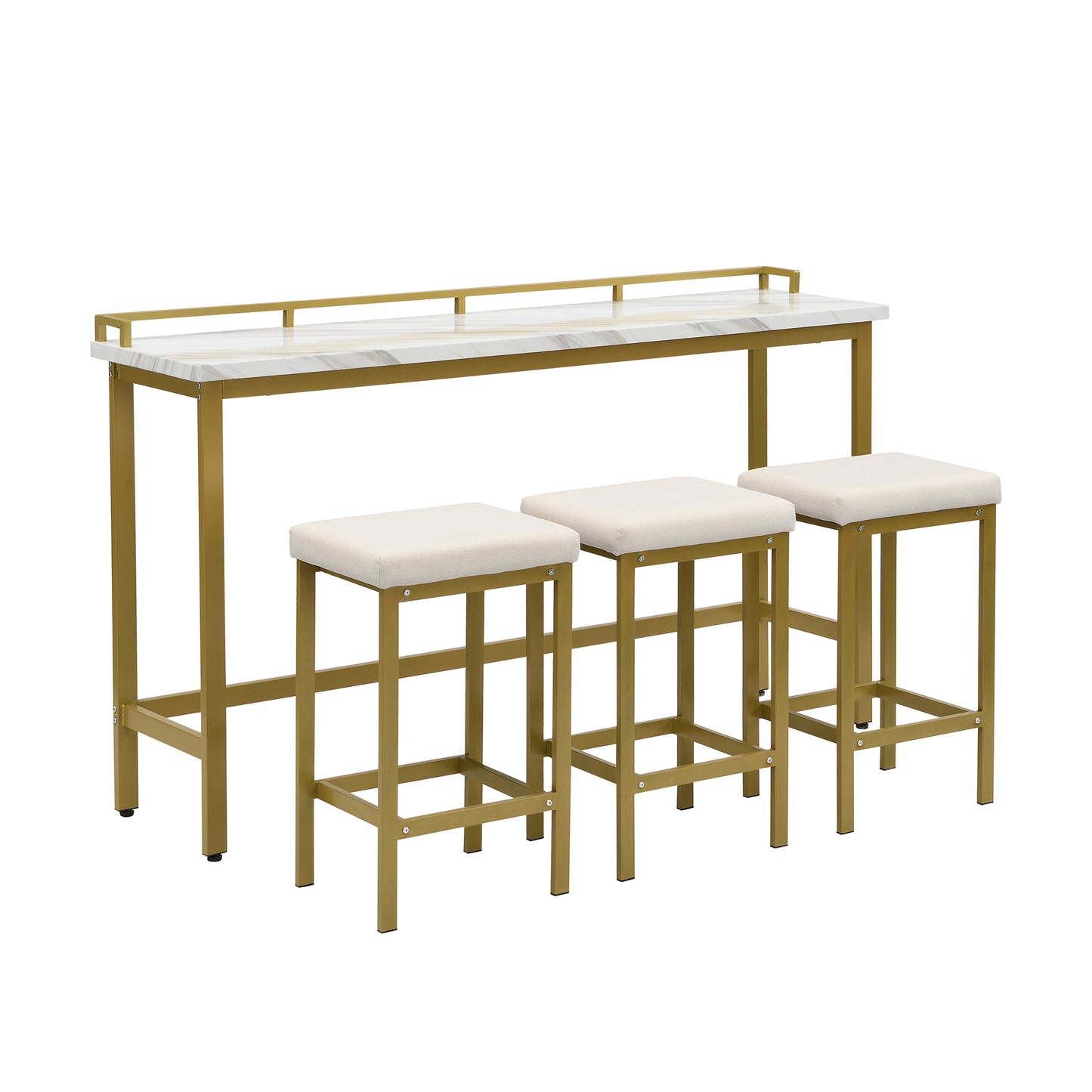 TOPMAX Modern 4-Piece Counter Height Extra Long Console Dining Table Set Bar Kitchen Set with 3 Fabric Stools, Gold+Beige