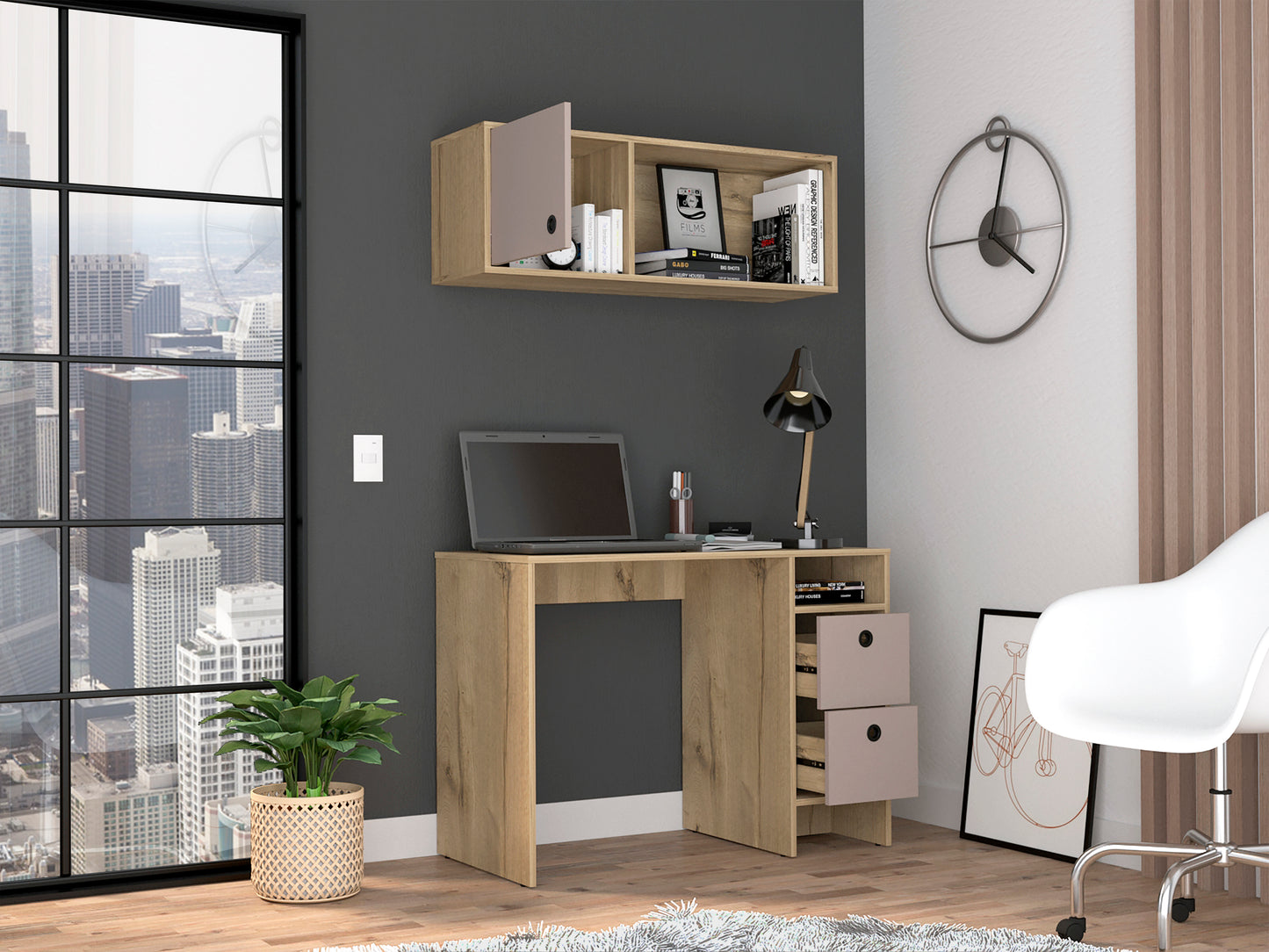 Eugene 2-Shelf 3-Drawer 2-Piece Office Set Light Oak and Taupe