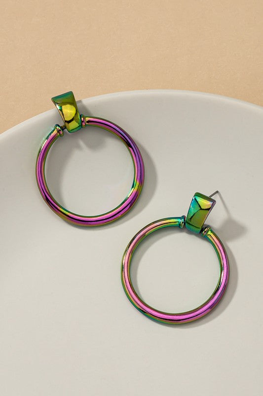 brass rainbow aura door knocker hoop earrings