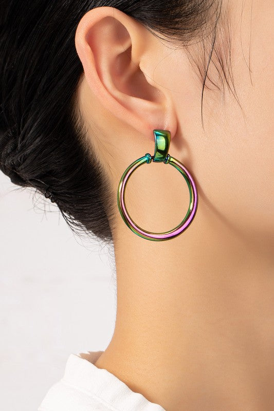 brass rainbow aura door knocker hoop earrings