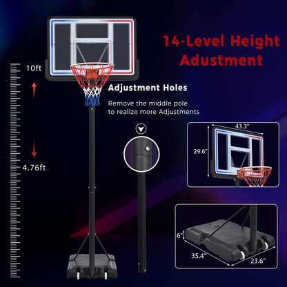 Portable Basketball Hoop Basketball System 4.76-10ft Height Adjustment for Youth Adults LED Basketball Hoop Lights, Colorful lights, Waterproof，Super Bright to Play at Night Outdoors,Good Gift for Kid