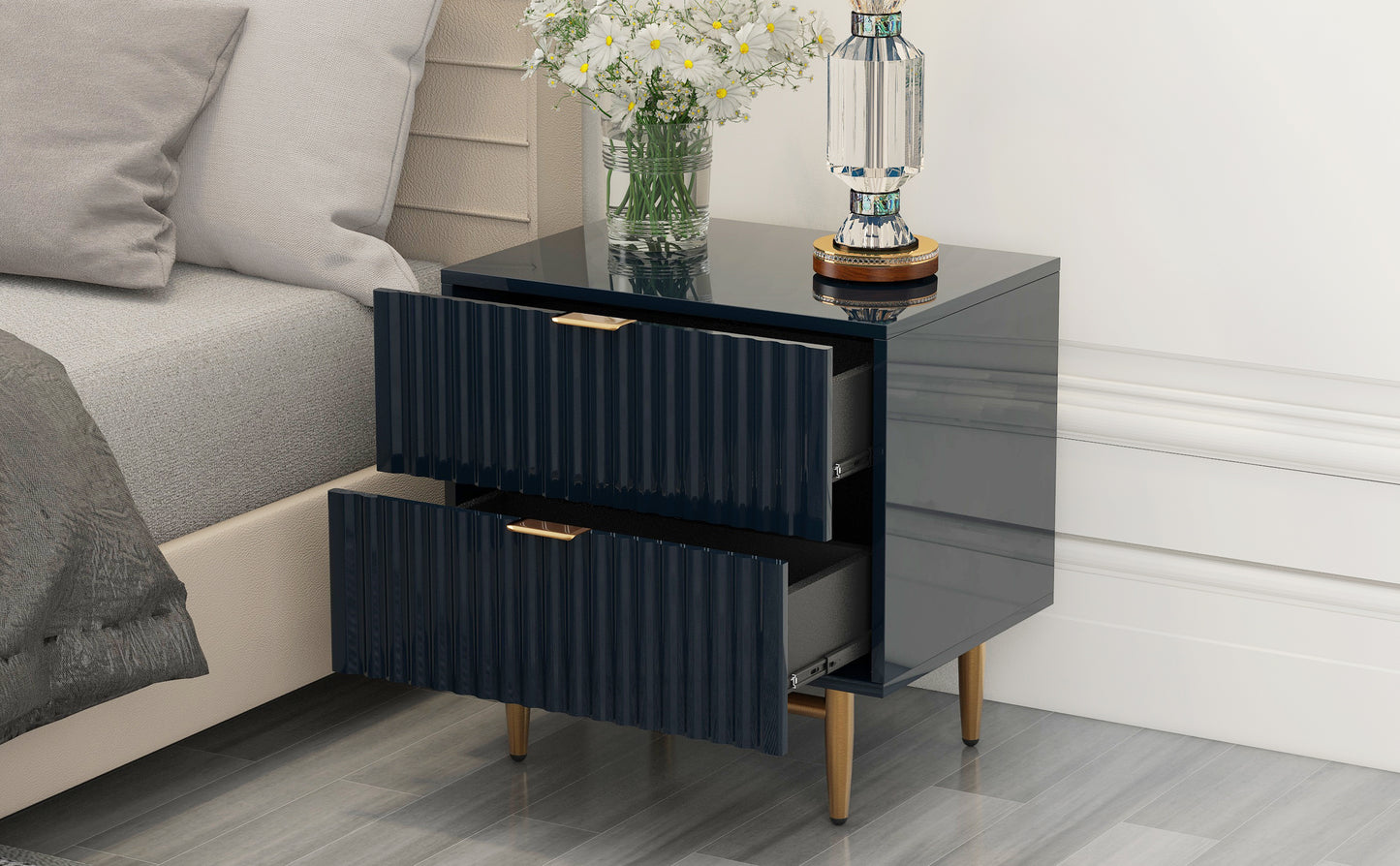 Nightstand with 2 Drawers & Golden Handle，Storage Bedside Table - Black