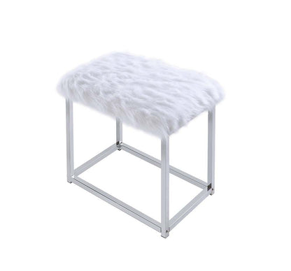 ACME Adao Vanity Mirror & Stool, Faux Fur, Mirror, White & Chrome Finish AC00935