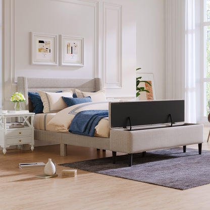 Upholstered Storage Bed Frame with Storage Ottoman Bench, No Box Spring Needed, Queen, Beige