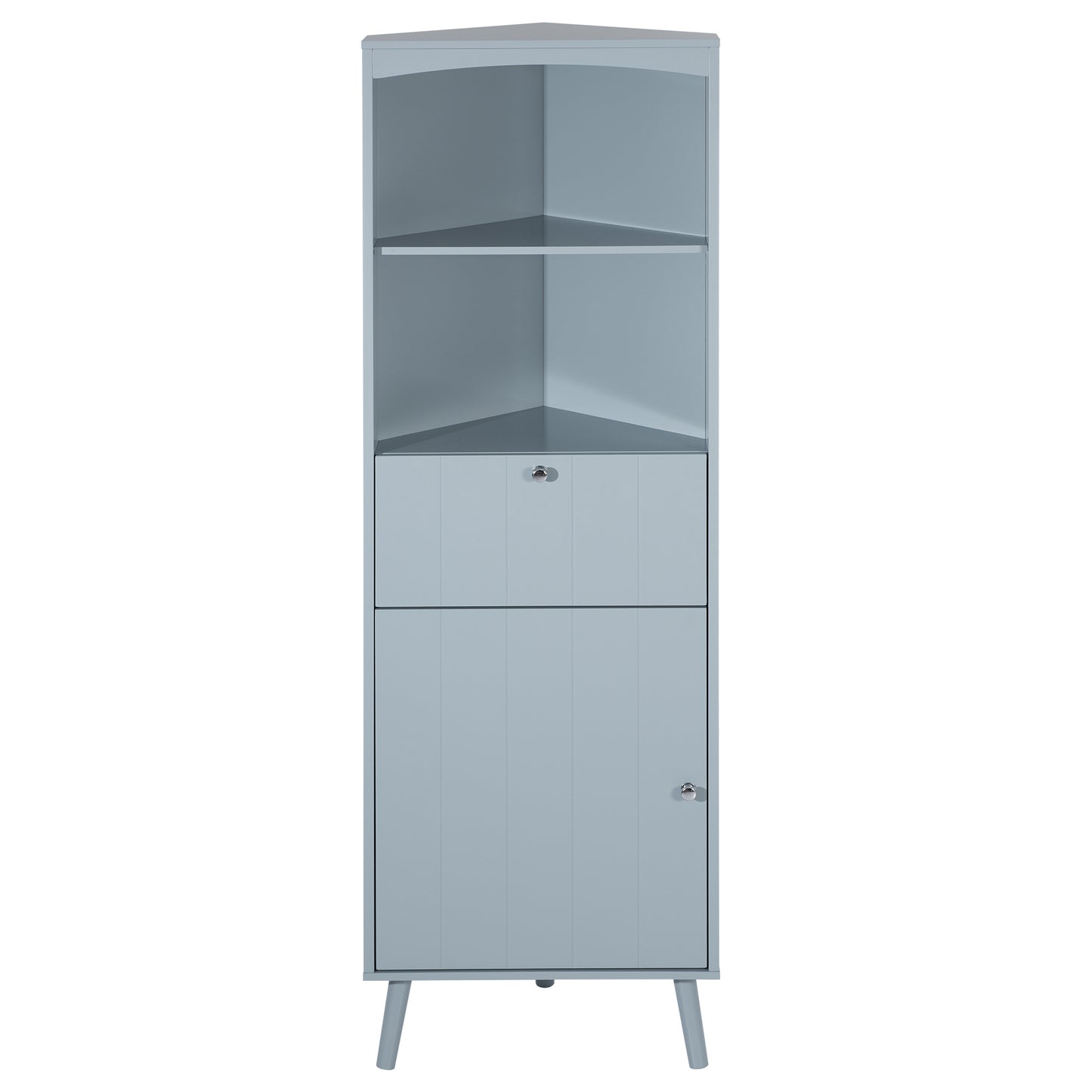 Gray Triangle Elegant Corner Cabinet with Open Shelves, MDF Board, Anti-toppling Device, Painting Surface, Large Storage Space for Limited Space