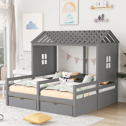 Twin Size House Platform Beds with Two Drawers for Boy and Girl Shared Beds, Combination of 2 Side by Side Twin Size Beds,Grey