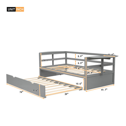 Twin Size Daybed with Trundle and Foldable Shelves on Both Sides,Gray