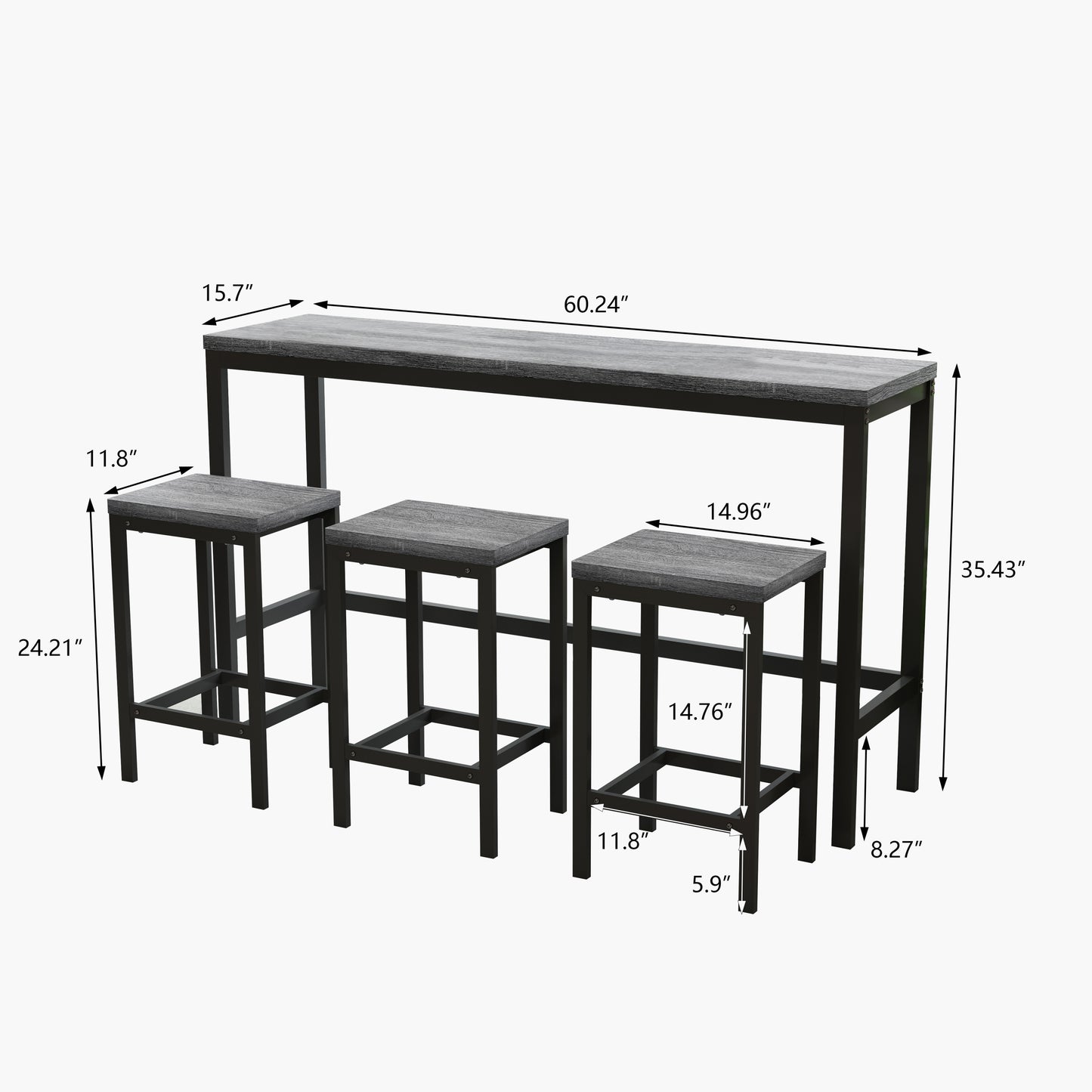 Modern Design Kitchen Dining Table，Pub Table，Long Dining Table Set with 3 Stools，Easy Assembly，Gray