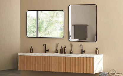 Wall Mount Mirror for Bathroom, Brush Black Metal Framed Rounded Corner Rectangular Vanity Mirror (24" x 32", Black)