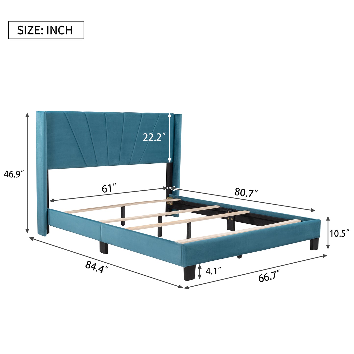 Queen Size Velvet Upholstered Platform Bed, Box Spring Needed - Blue