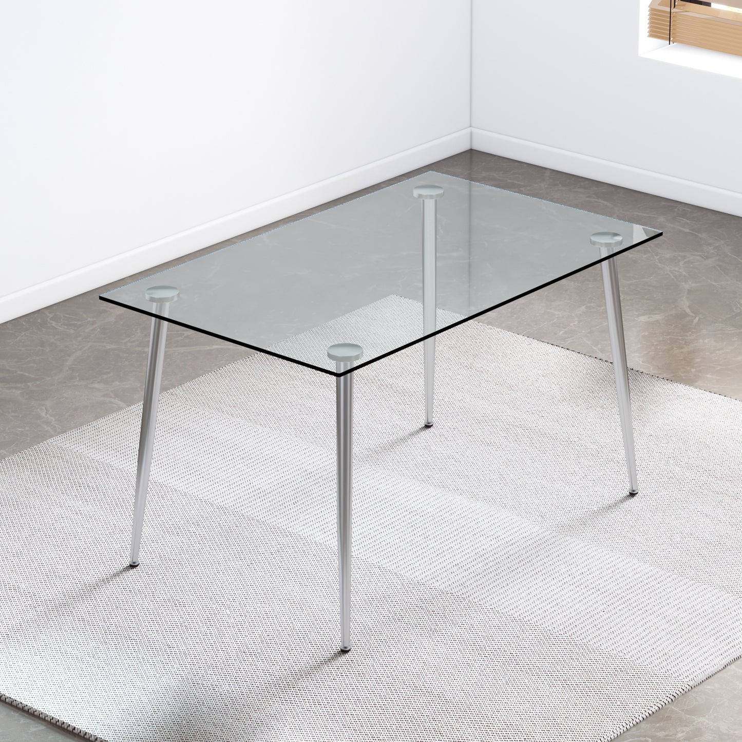 Modern Minimalist Rectangular Glass  Dining Table for 4-6 with 0.31" Tempered Glass Tabletop and Silver plating Metal Legs, Writing Table Desk, for Kitchen Dining Living Room, 51" W x 31"D x 30" H