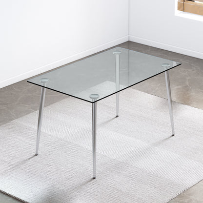 Modern Minimalist Rectangular Glass  Dining Table for 4-6 with 0.31" Tempered Glass Tabletop and Silver plating Metal Legs, Writing Table Desk, for Kitchen Dining Living Room, 51" W x 31"D x 30" H