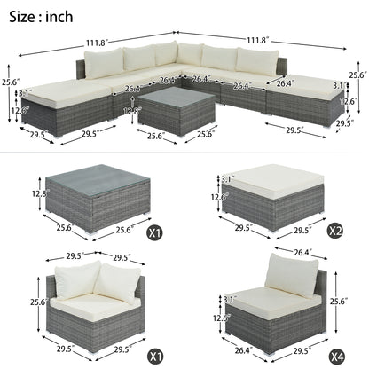 8-Pieces Outdoor Patio Furniture Sets, Garden Conversation Wicker Sofa Set, Single Sofa Combinable, Beige Cushions Gray Wicker