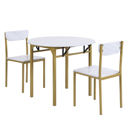 TOPMAX Modern 3-Piece Round Dining Table Set with Drop Leaf and 2 Chairs for Small Places,Golden Frame+Faux White Granite Finish