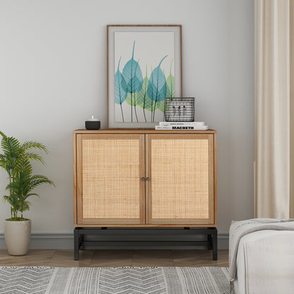 Natural rattan，2 door cabinet，with 1 Adjustable Inner Shelves，rattan，Accent Storage Cabinet