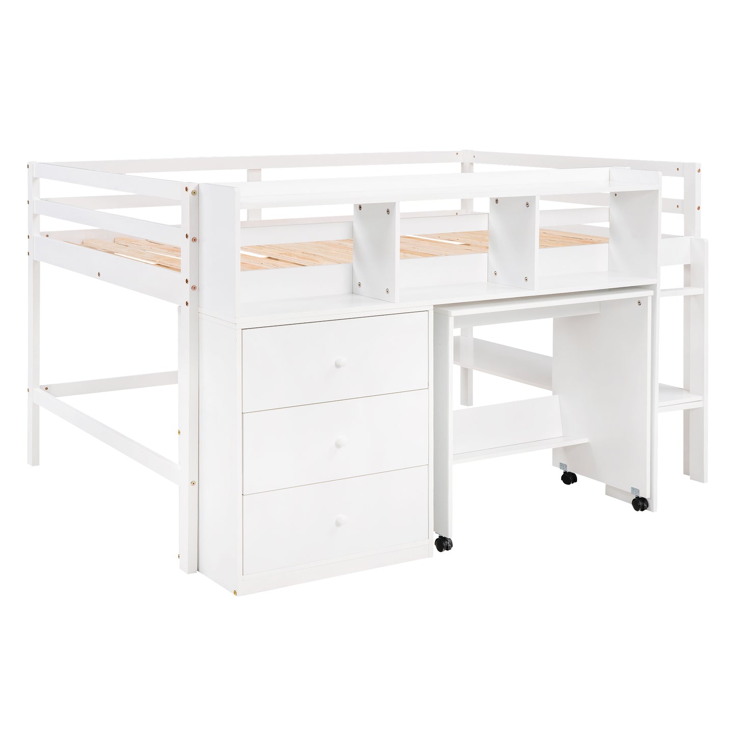 Full Size Low Loft Bed with Rolling Portable Desk, Drawers and Shelves,  White