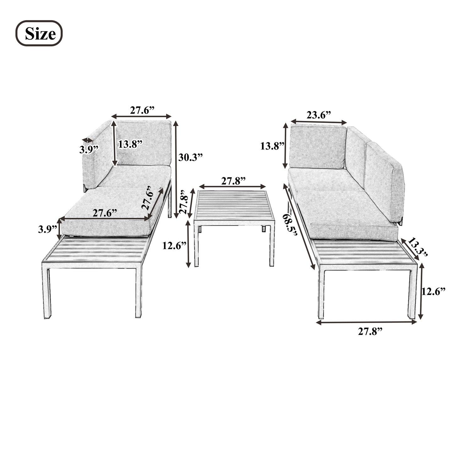 TOPMAX Outdoor 3-piece Aluminum Alloy Sectional Sofa Set with End Table and Coffee Table,Black Frame+Gray Cushion