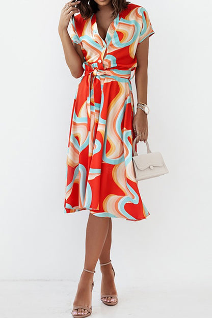 Short Sleeves Print Belted Dress