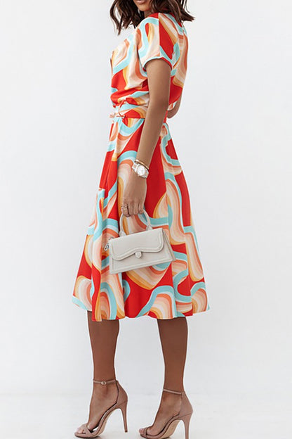 Short Sleeves Print Belted Dress