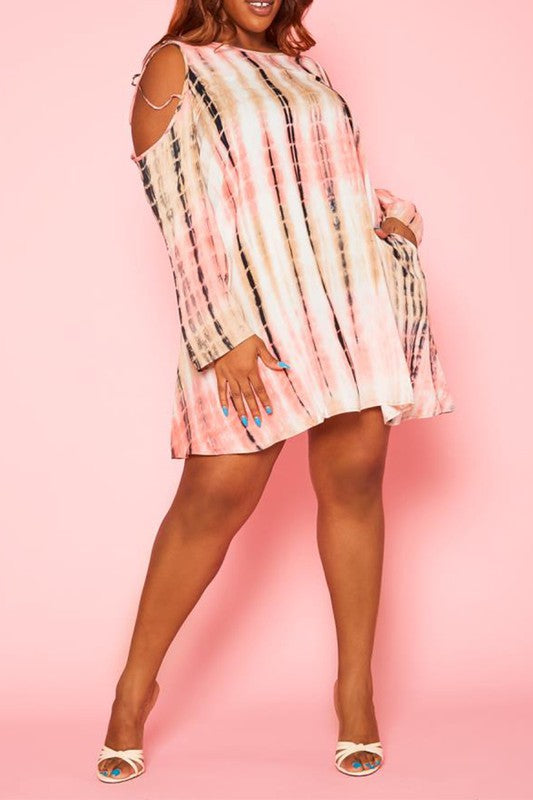 Plus Size Cold Shoulder Tie-Dye Mini Dress