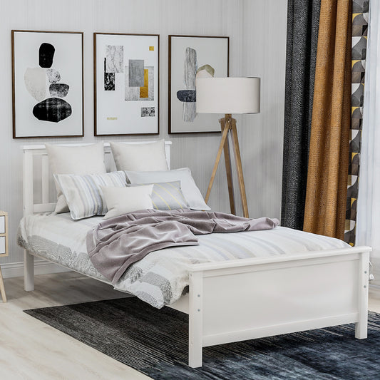 Twin Size Wood Platform Bed with Headboard,Footboard and Wood Slat Support, White